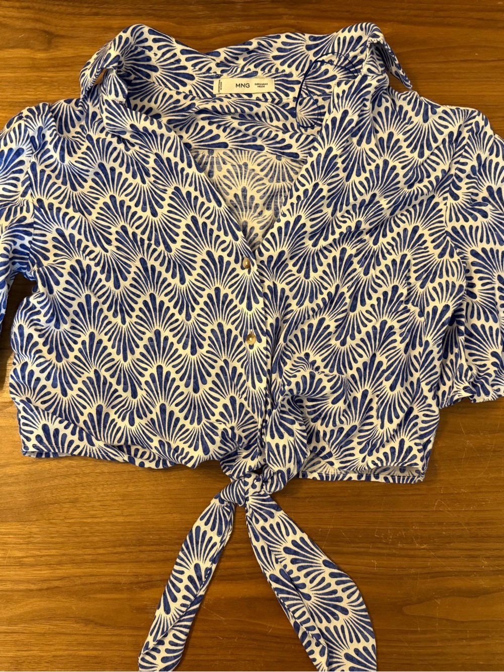 Mango Blue and White Tie-Front Crop Button-Down Shirt